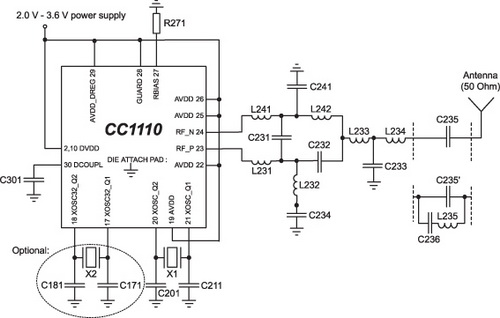 Упрощенная схема включения CC1110 