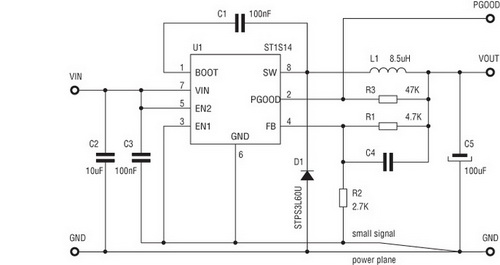 Рекомендуемая схема включения ST1S14 